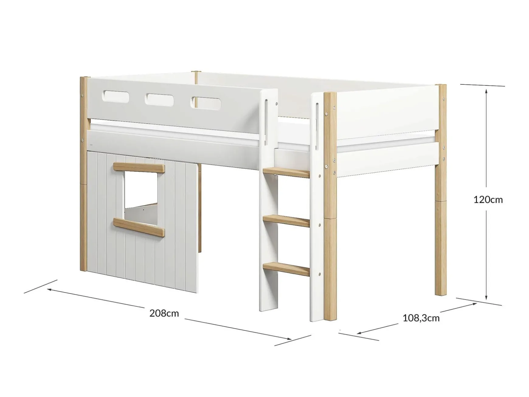 FLEXA Halvhøj seng med lige stige & træhyttesengefronter, egetræsramme. White/oak Cheap